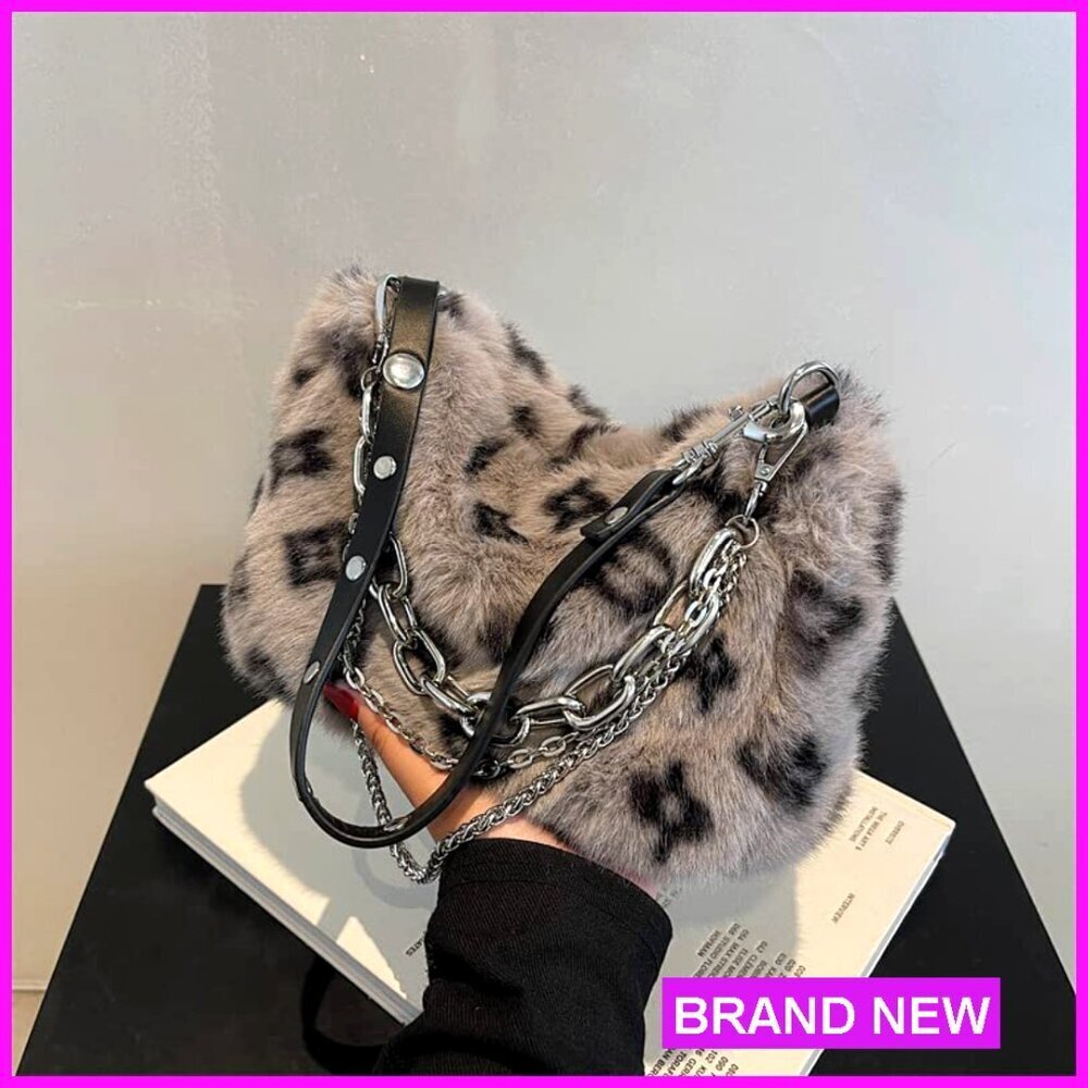 Leopard Print Plush Faux Fur Crossbody Bag Tote Hobo Y2K Chain Purse - Picture 4 of 6